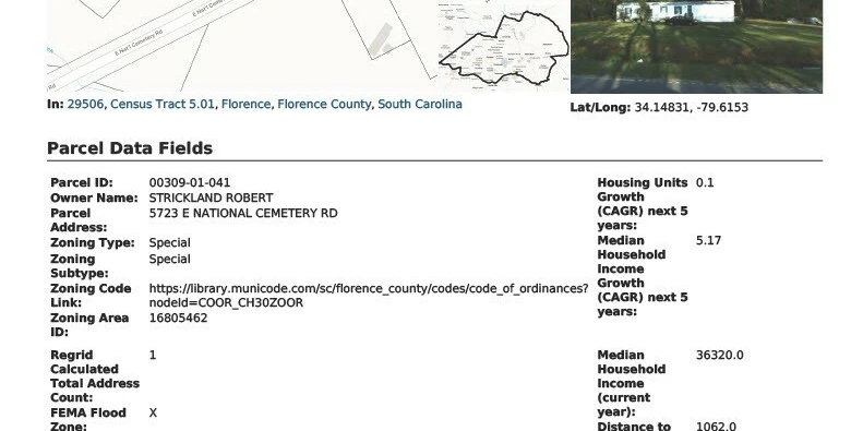 Florence County, SC Manufactured Housing Land/Home Site or Workforce Housing Multifamily Site. NZ = No Zoning meaning your Blank Slate.
