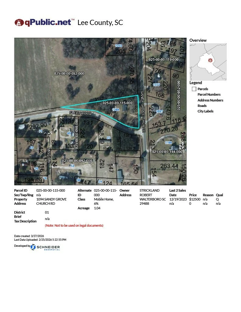 Lee County, SC Manufactured Housing Land/Home Site or Workforce Housing Multifamily Site. NZ = No Zoning meaning your Blank Slate.