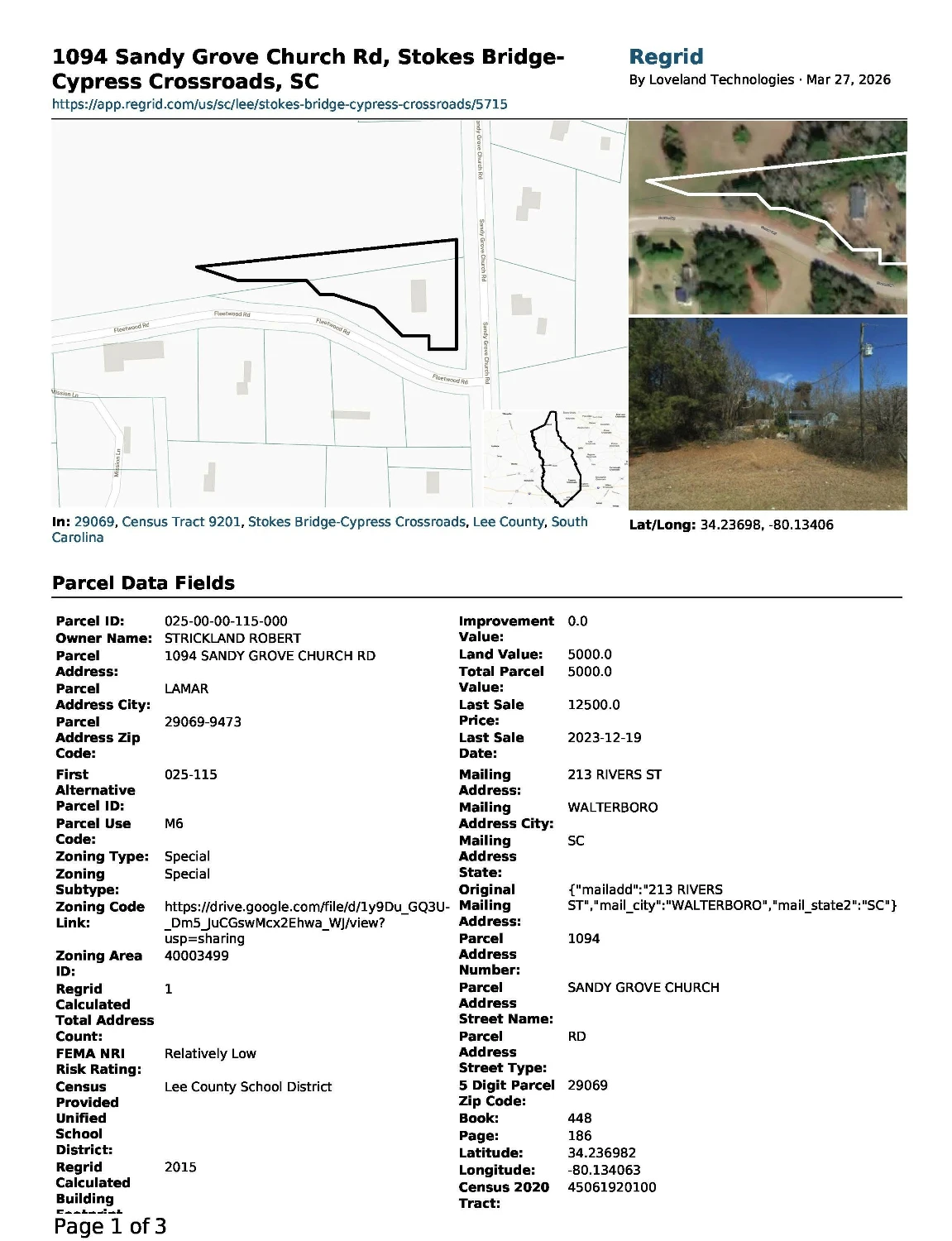 Lee County, SC Manufactured Housing Land/Home Site or Workforce Housing Multifamily Site. NZ = No Zoning meaning your Blank Slate.