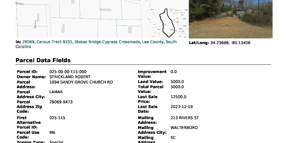 Lee County, SC Manufactured Housing Land/Home Site or Workforce Housing Multifamily Site. NZ = No Zoning meaning your Blank Slate.