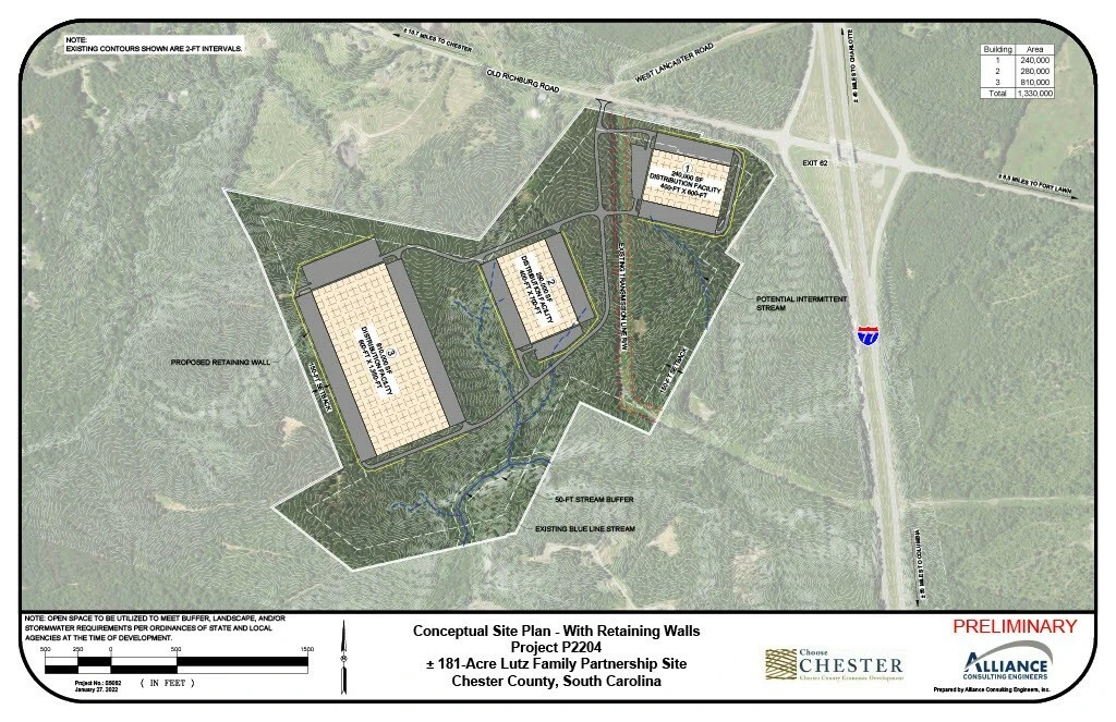 180.909 AC Industrial Tract at Exit 62 Commanding Presence On Interstate 1-77 Corridor South of Charlotte in Chester County