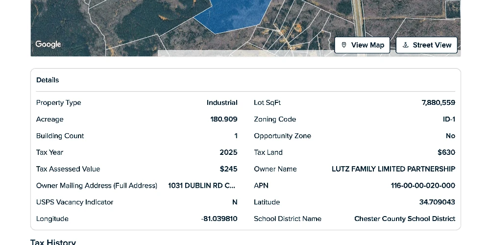 180.909 AC Industrial Tract at Exit 62 Commanding Presence On Interstate 1-77 Corridor South of Charlotte in Chester County