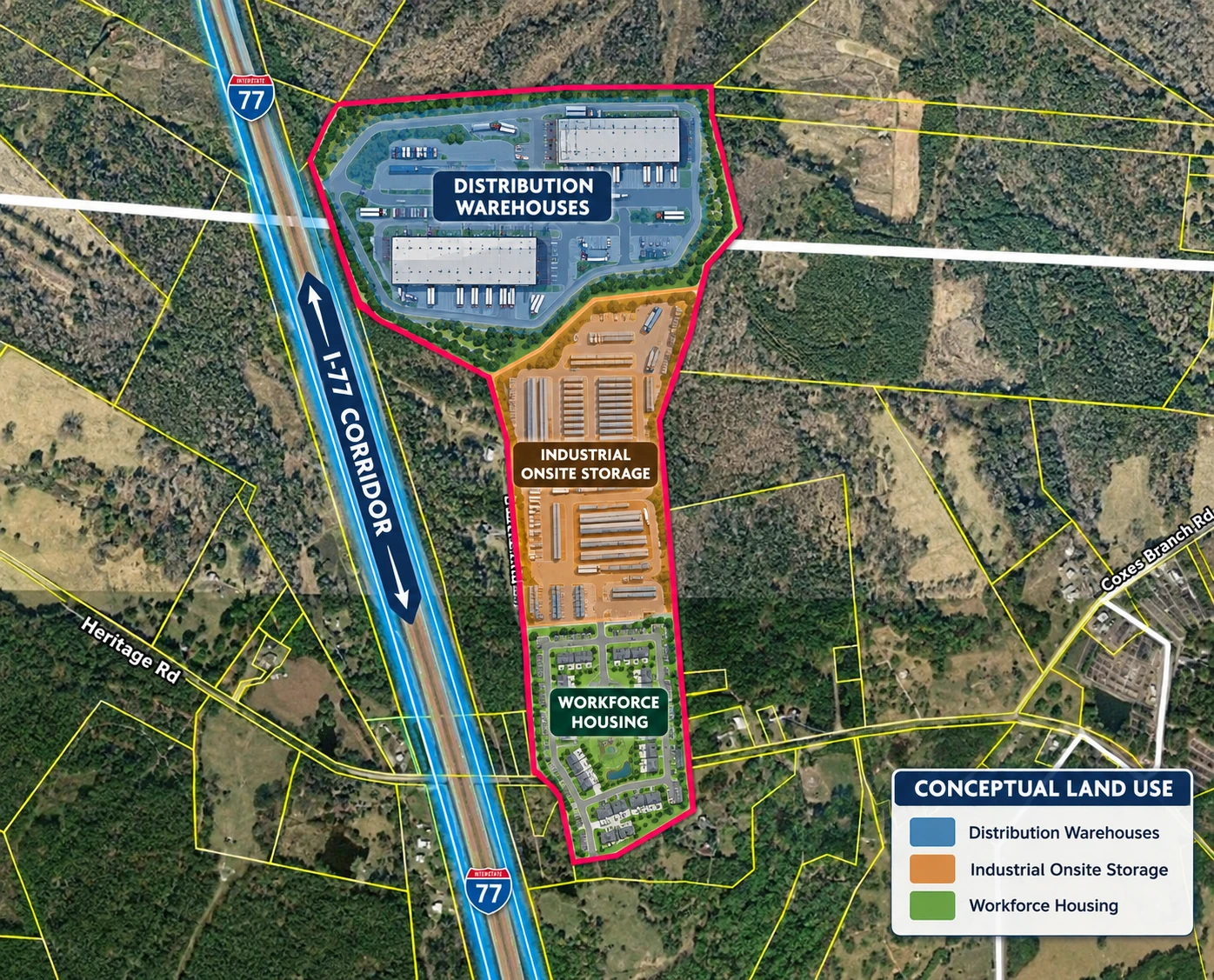 209.563 Acres Adjacent to and on the I-77 Interstate Corridor 40 Minutes South of Charlotte w/ 5 MWs Now Developable Tract